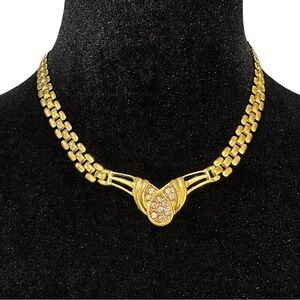 Gold Tone Statement Necklace Rhinestone Inlay 17 Inch Length